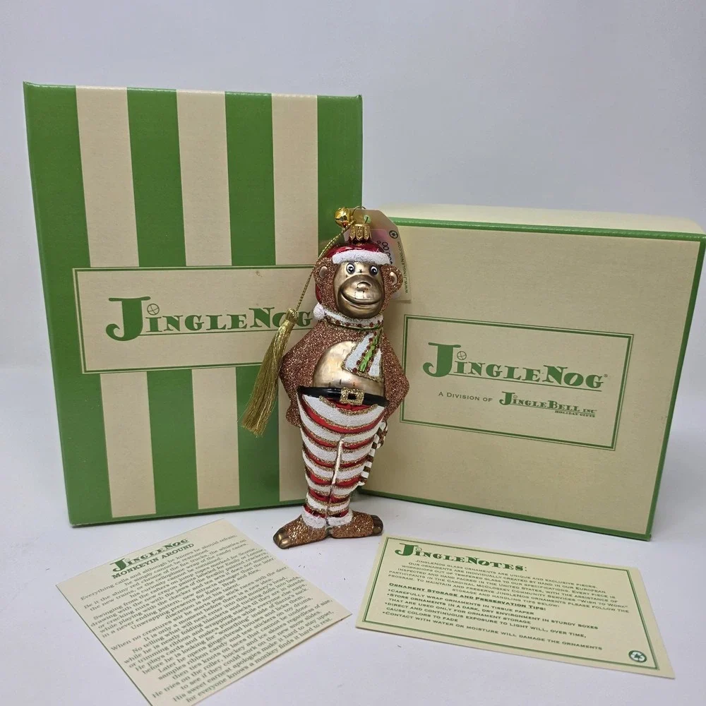 JingleNog Monkeyin Around White Ornament #80076 Hand Blown & Painted in Poland